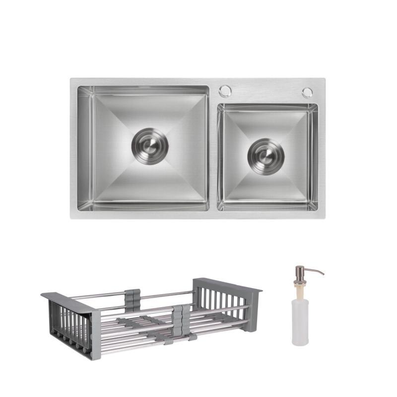 Комплект Lidz Handmade H7843 Мийка для кухні з двома чашами інтегрована Brushed у комплекті з дозатором + Lidz K01G Корзина для, фото 1