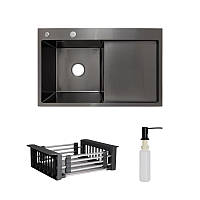 Комплект Lidz Handmade H7849BR Мийка для кухні інтегрована крило праворуч BlackPVD у комплекті з дозатором +