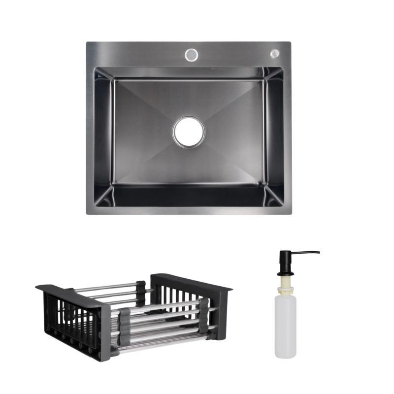 Комплект Lidz Handmade H6050B Мийка для кухні інтегрована BlackPVD у комплекті з дозатором + Lidz K01B Корзина для кухонної мийки, фото 1