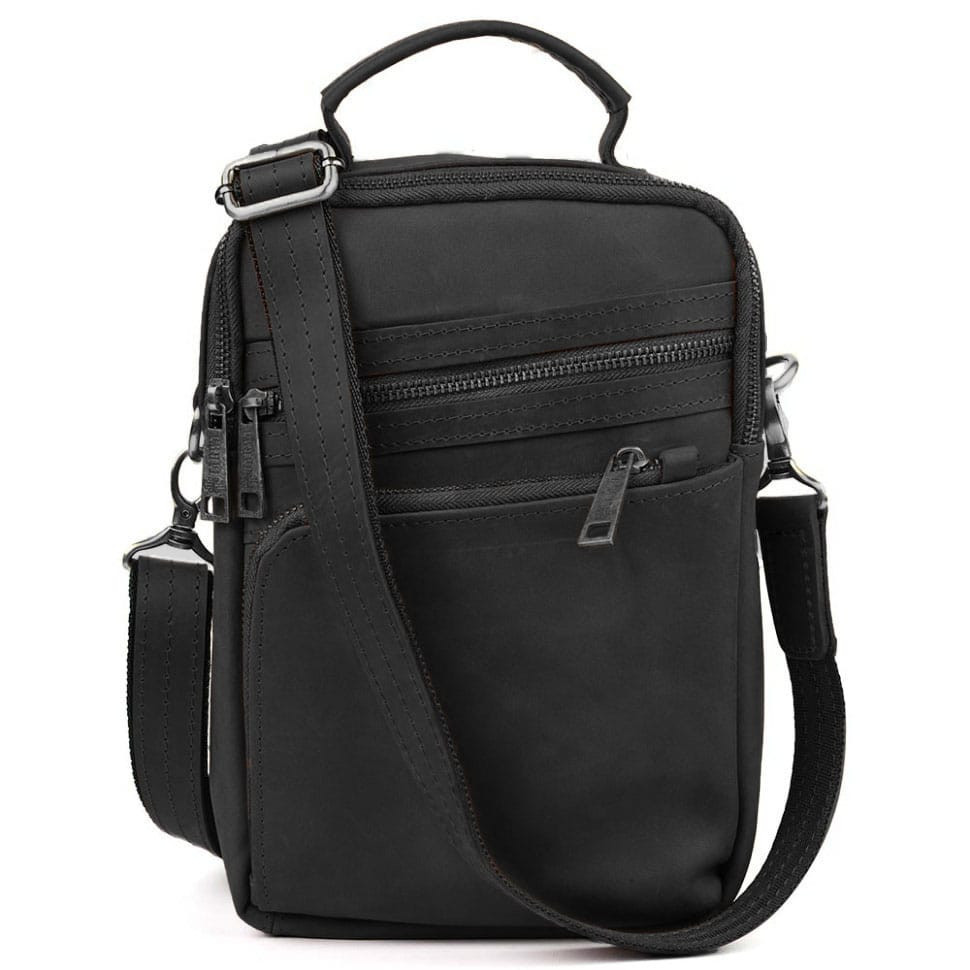 Сумка через плече з ручкою вертикальна TARWA RA-0120-4lx чорна крейзі хорс, фото 1