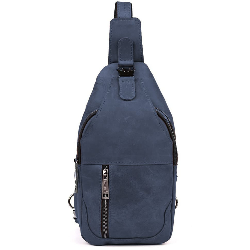 Чоловічий рюкзак-слінг із кінської шкіри TARWA RК-4004-3md синій, фото 1