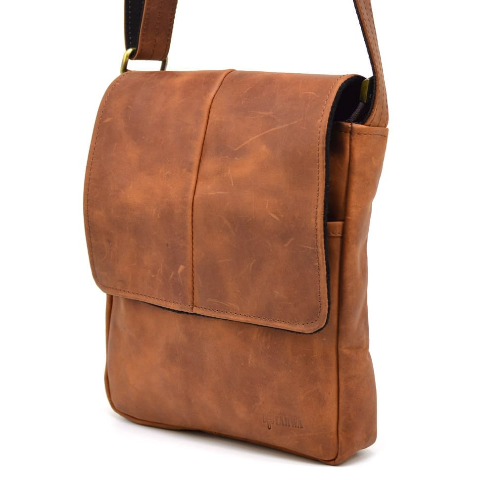 Чоловіча шкіряна сумка через плече компактний месенджер із натуральної шкіри коньячна 22*25,5*4 см, фото 1