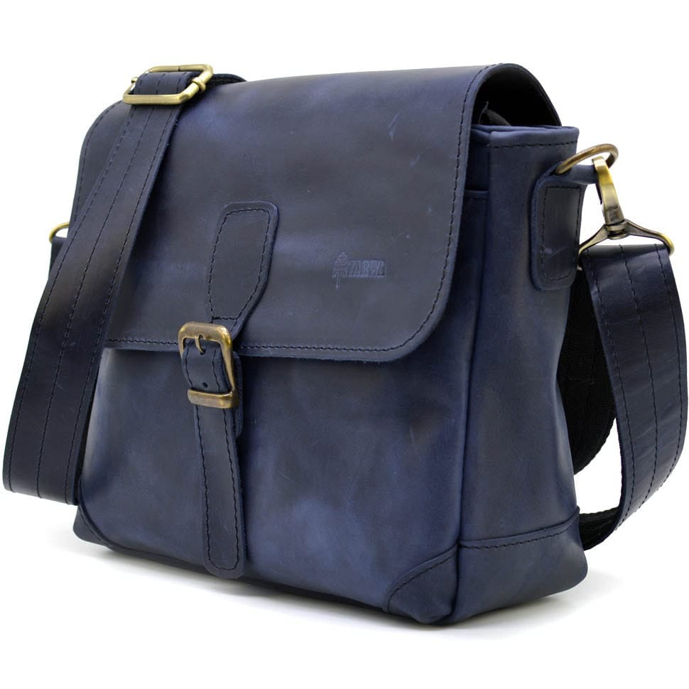 Чоловіча шкіряна сумка через плече місткий месенджер із натуральної шкіри синя 25*26*8,5 см, фото 1