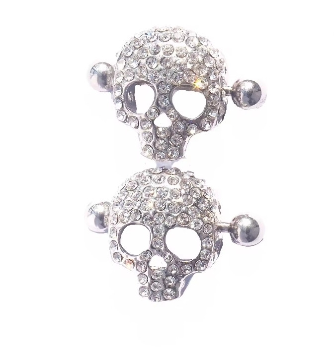 Сережки для пірсингу сосків череп зі стразами. Пірсинг сосків 2 шт., фото 1