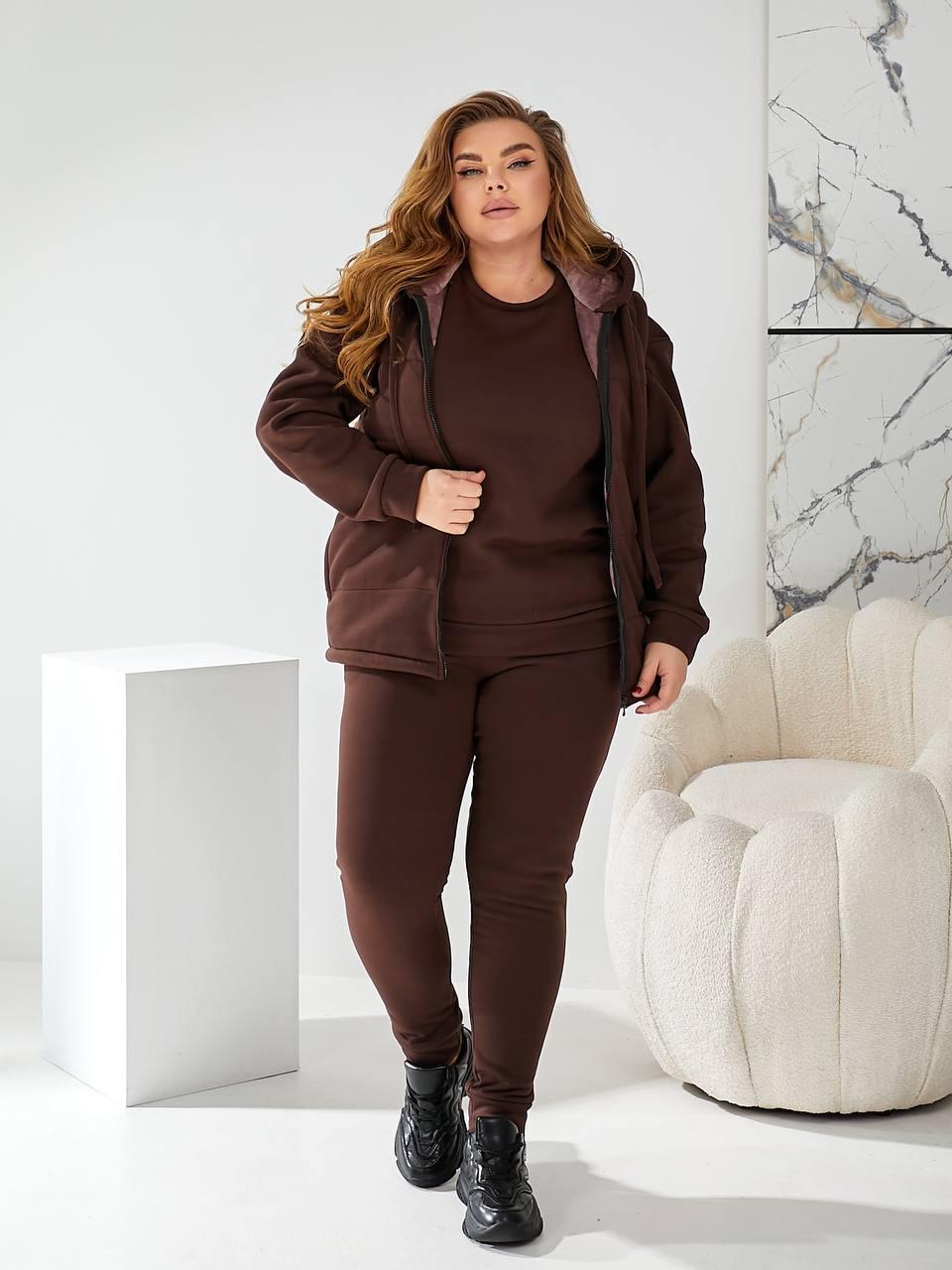 Жіночій теплий спортивний костюм - трійка (світшот + штани + жилетка на хутрі)