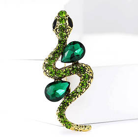 Брошка змія, зелена змія з кристалами, 6х2.3 см.