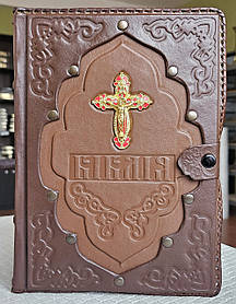Подарункова Біблія українською мовою, шкіряний оклад, ручне плетіння, металевий хрест, 18×25