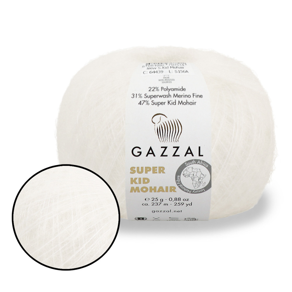 Gazzal Super Kid Mohair, Белоснежный №64439, пряжа для павутинки з мохера