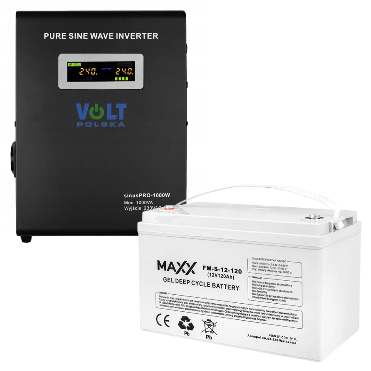 Аварійний комплект Volt Polska SINUS PRO 1000W 12/230V 700/1000W + Акумулятор гелевий 4SUN MAXX GEL 120 Ah