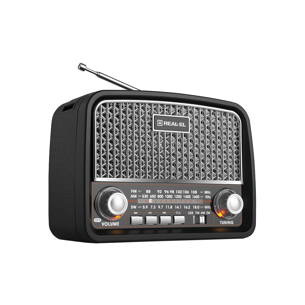 Колонка-радіоприймач портативна Real-El X-520 Black, 3 Вт, пластиковий корпус, FM/AM/SW, USB, SD/microSD, акумулятор