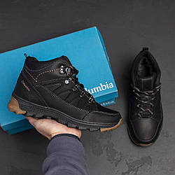 Підліткові черевики коламбія чорні шкіряні, Спортивні зимові ботінки для хлопчиків теплі