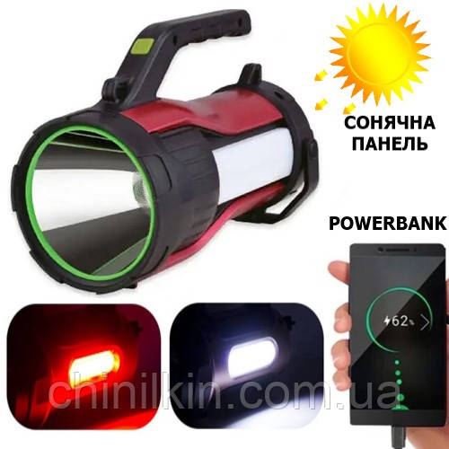 Ліхтарь перносний T96-LED+COB (White+red), power bank, Li-Ion акумулятор, сонячна батарея, ЗУ microUSB, фото 1