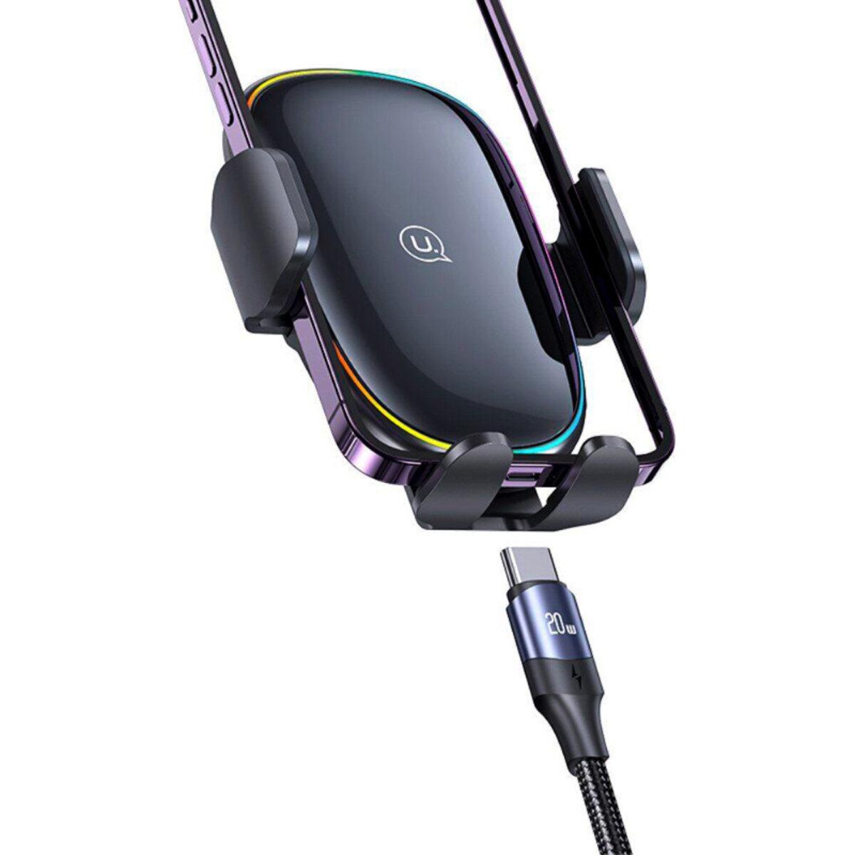 Автотримач Usams US-CD187 15W Wireless Charging Car Holder With Colorful Light, фото 1
