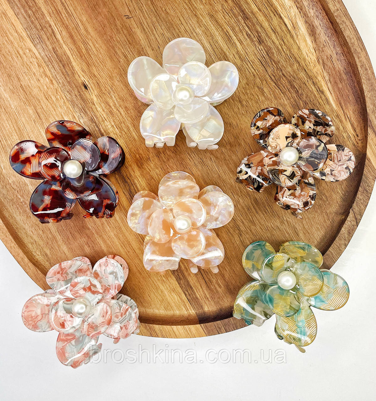 Краби для волосся пластикові оптом 7*7 см 6 шт/уп ФРАНЦУЗЬКИЙ ПЛАСТИК  ГАВАЙСЬКА КВІТКА, фото 1