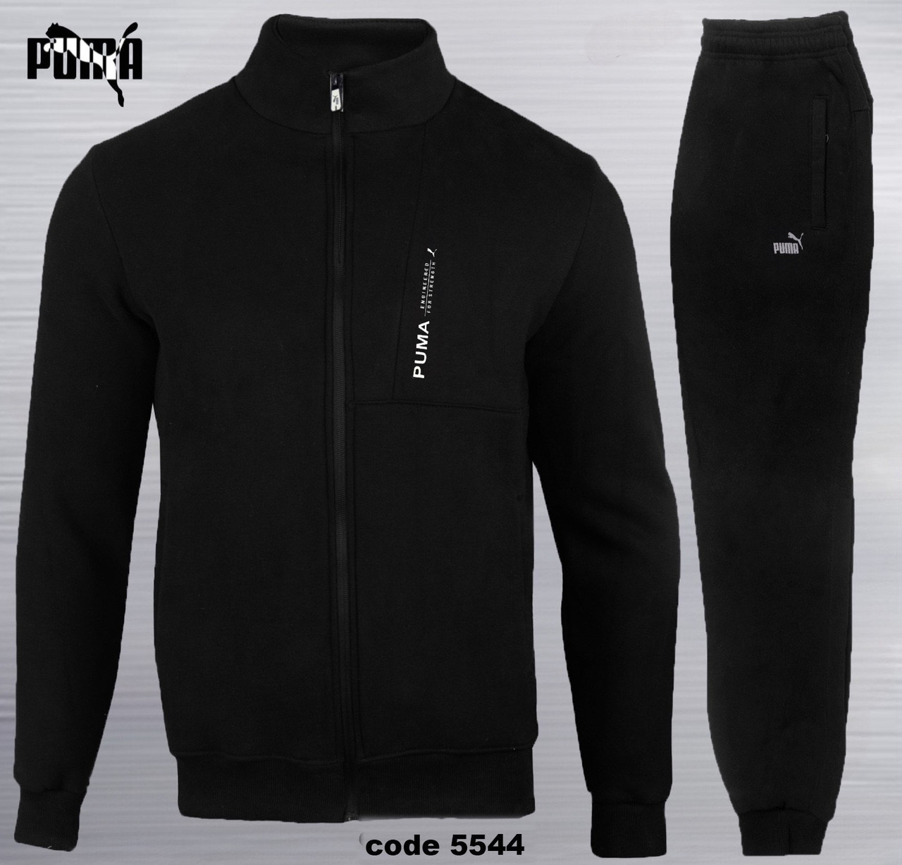 Теплий чоловічий спортивний костюм Puma чорний фліс велюр, зимовий утеплений спорт костюм Пума без капюшона