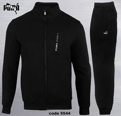 Теплий чоловічий спортивний костюм Puma чорний фліс велюр, зимовий утеплений спорт костюм Пума без капюшона, фото 1
