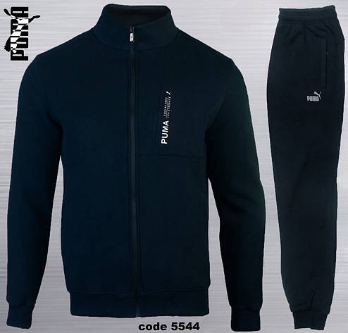 Теплий чоловічий спортивний костюм Puma чорний фліс велюр, зимовий утеплений спорт костюм Пума без капюшона, фото 3