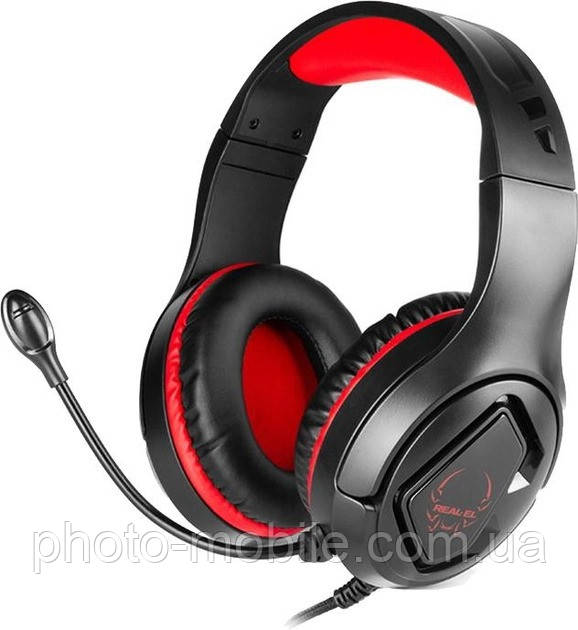 Навушники REAL-EL , Black/Red, Mini jack, з мікрофоном, ігрові, кабель 1.5 м + 1 м