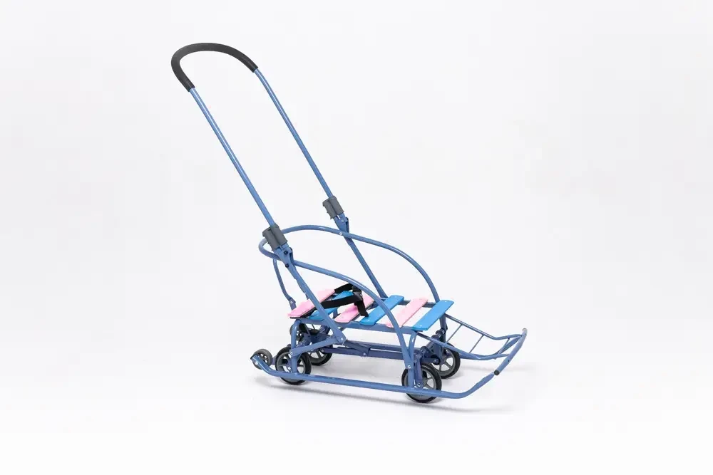 Санки-трансформер на колесах дитячі Мрія 2024 колір: сіро-блакитний рейка: рожева, фото 1