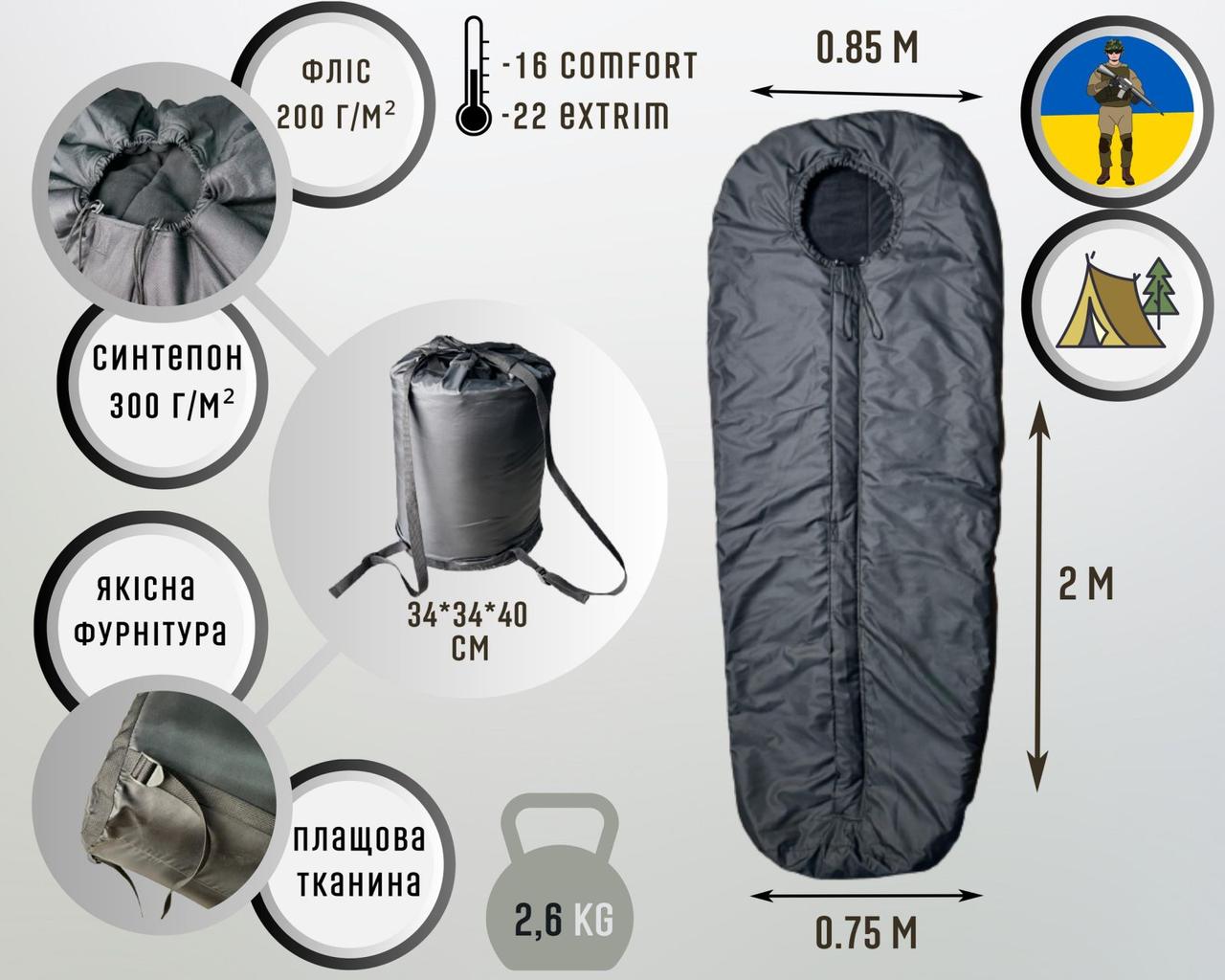 Спальний зимовий мішок до -22°, Спальник зимовий армійський мішок 190*85см, армійський зимовий тактичний мішок