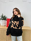 Теплий чорний жіночий светр оверсайз із леопардовою вставкою, фото 3