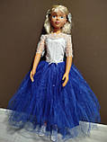 Сукня з ажурним рукавом для дівчинки на свято у садок 4-8 років Пушинка з намистинками та шнурівкою синє, фото 4