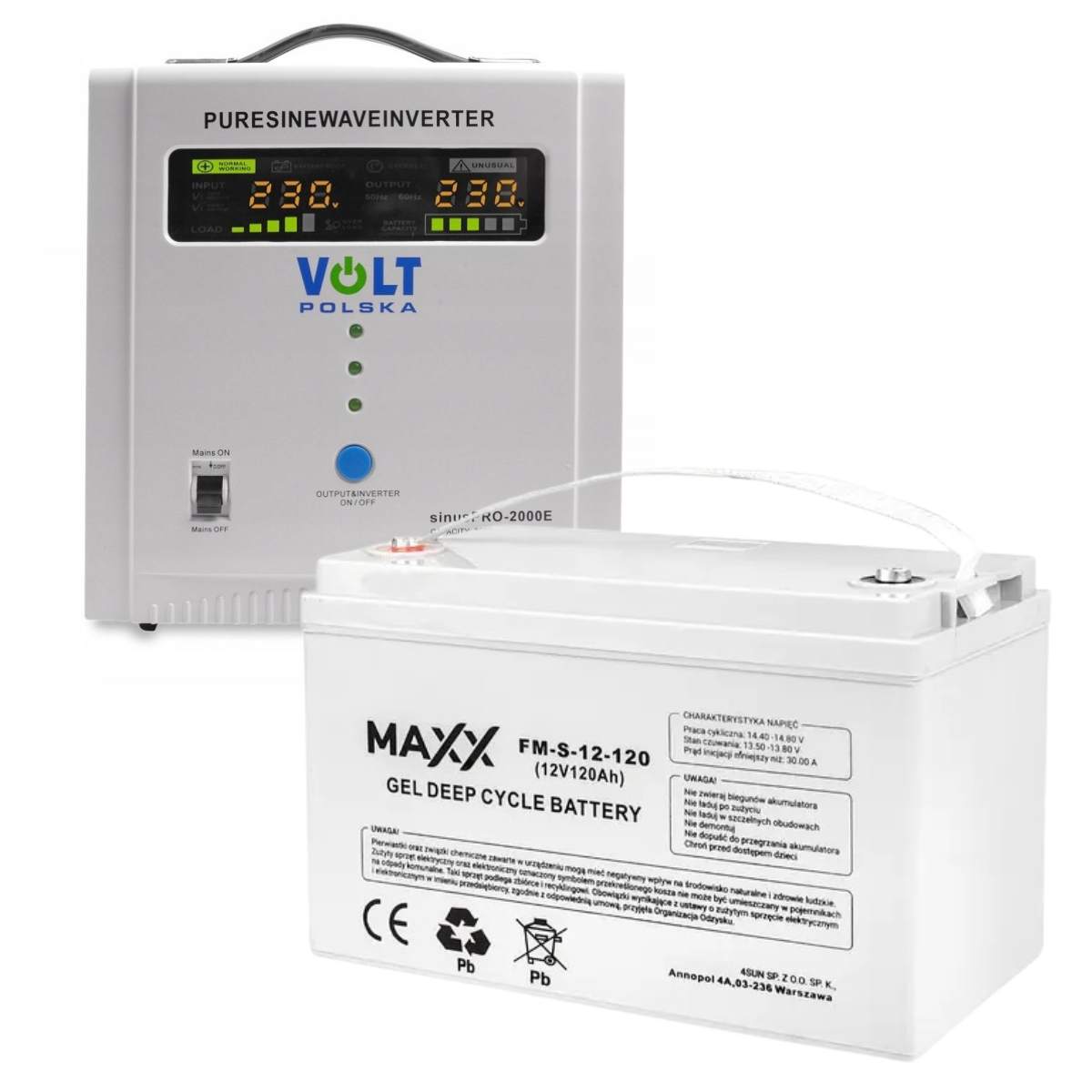 Аварійний комплект Volt Polska SINUS PRO 2000E 12/230V 1250/2000W + Акумулятор гелевий 4SUN MAXX GEL 120 Ah