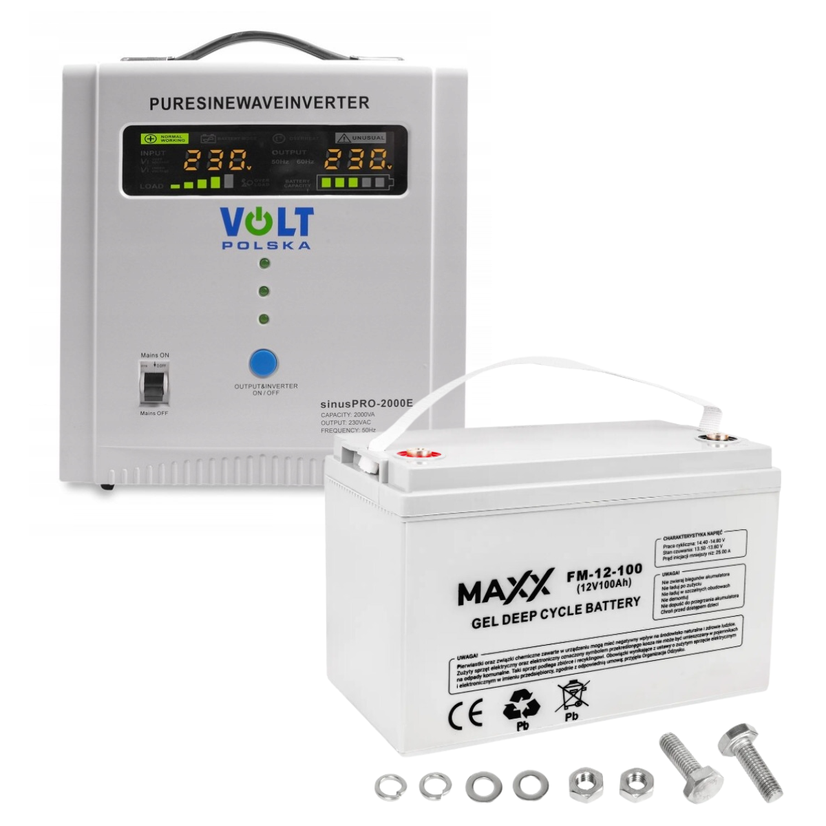 Аварійний комплект Volt Polska SINUS PRO 2000E 12/230V 1250/2000W + Акумулятор гелевий 4SUN MAXX GEL 100 Ah