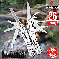 Універсальний Мультитул Професійний 26 в 1 з Плоскогубцями Ganzo G302-H з Чохлом та Бітами Хромований
