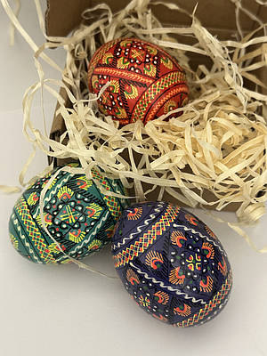 Великодні писанки дерев'яні подарунковий набір у коробці 3шт. кольорові / Писанка розписна з дерева