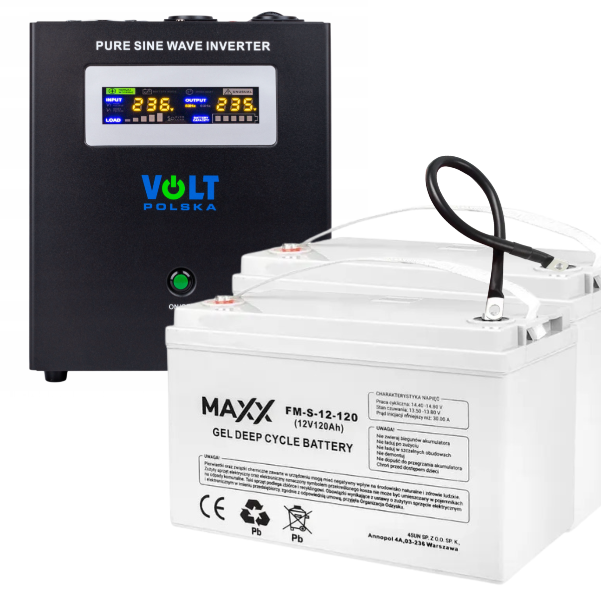 Аварійний комплект інвертор Volt Polska SINUS PRO 2000W 1400/2000W + 2 шт Акумулятор VOLT VRLA 120Ah 12V