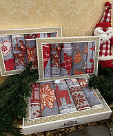 Набір подарунковий новорічний/Набір із 5 кухонних лляних рушників/новорічні рушники