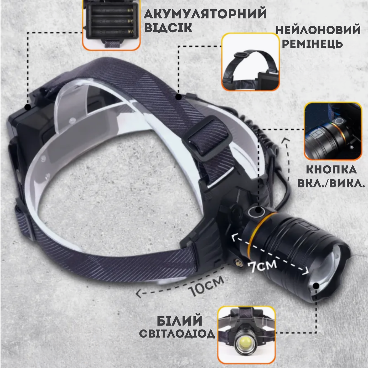 Ліхтар налобний акумуляторний ліхтарик BL-8076 з оптичним зумом і USB Type-C зарядкою