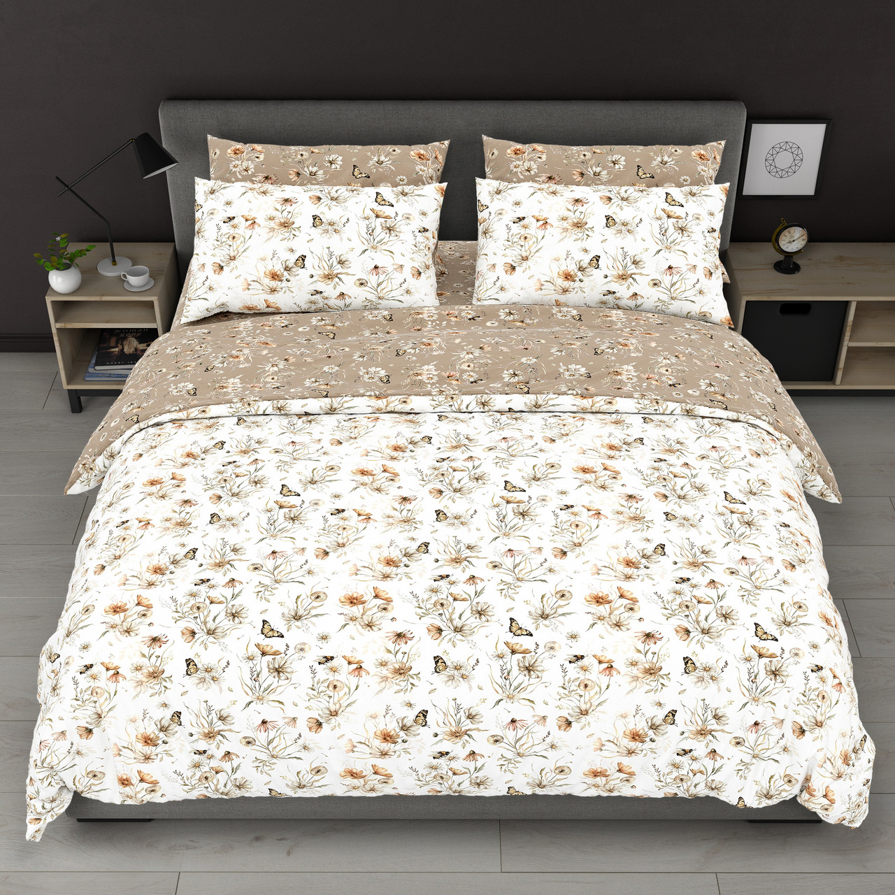 Підковдра на блискавці 145х215 (Бязь) | Полуторна підковдра від виробника "Королева Ночі" | Квіти на світлому та бежевому, фото 1