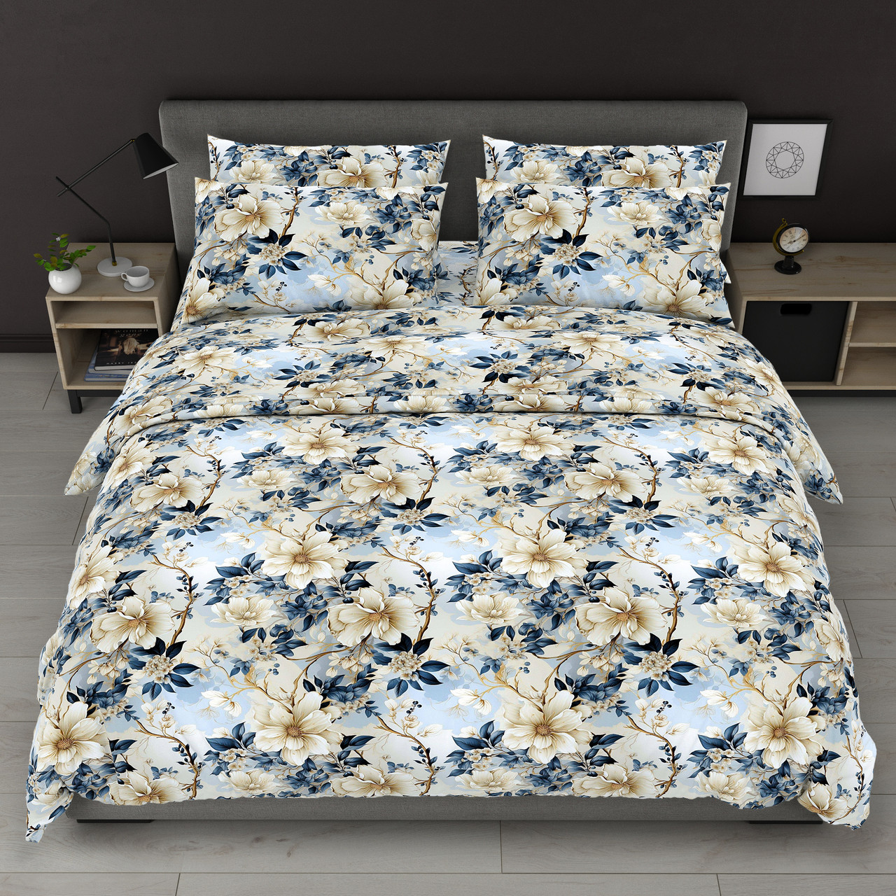 Простирадло 150х220 (Бязь) | Полуторне простирадло від виробника "Королева Ночі" | Квіти на блакитному, фото 1