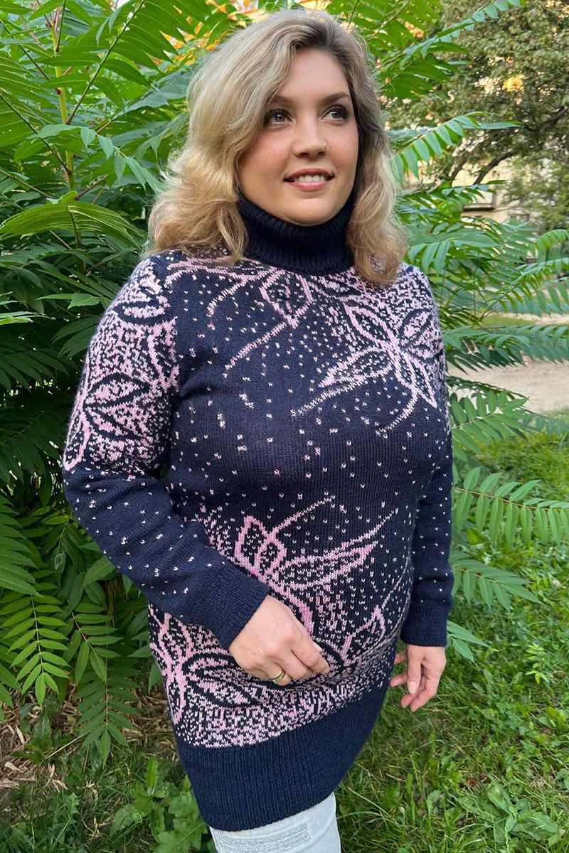 Теплий жіночий светр батал великі розміри 50-60 з горлом синій