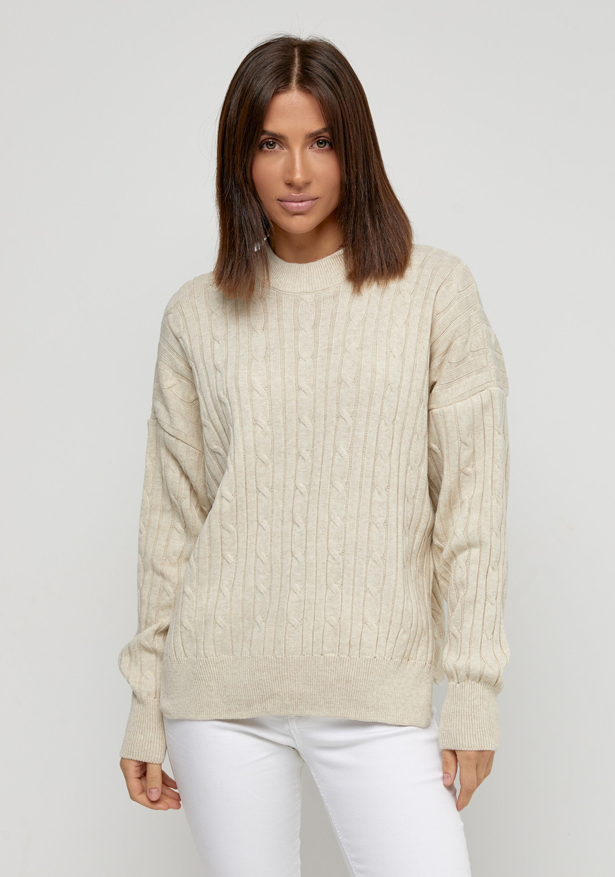 Светр жіночий в'язаний оверсайз із бічними розрізами, колір бежевий. Модель 247
