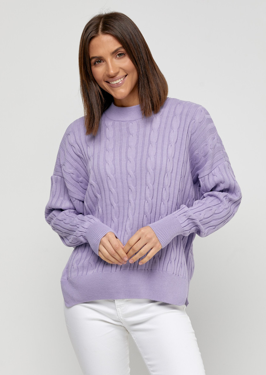 Светр жіночий в'язаний оверсайз із бічними розрізами, колір фіалка. Модель 247