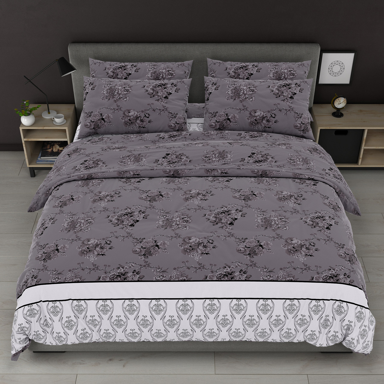 Підковдра на блискавці 145х215 (Бязь) | Полуторна підковдра від виробника "Королева Ночі" | Квіти на сіро-фіолетовому, фото 1
