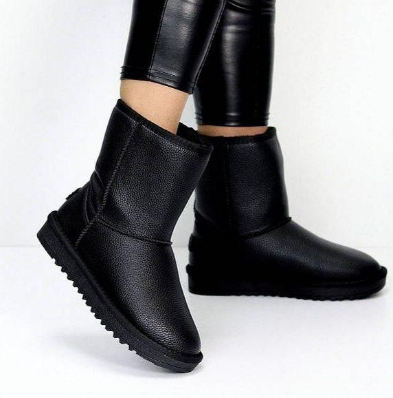 Уги високі Чорні шкіра натуральна Ugg чобітки теплі жіночі зима