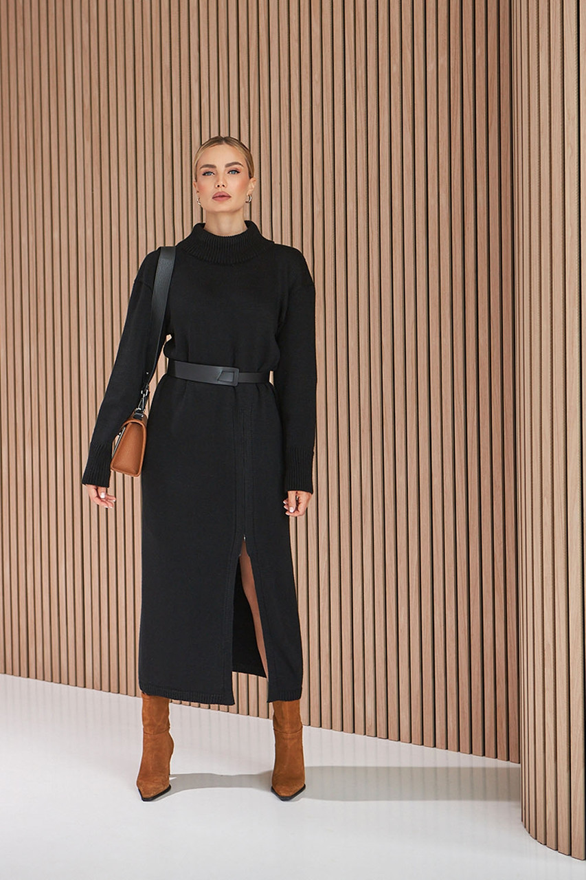 Плаття в'язане під горло сукня довга розріз спереду замок чорне, фото 1