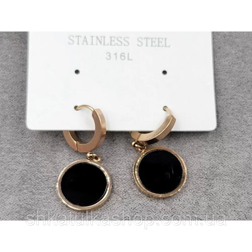 Сережки 14*30мм нержавіюча сталь, круглий замок, колір рожеве золото, фото 1