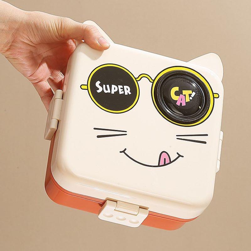 Ланчбокс дитячий Super Cat 1600 мл на два рівні з соусницею бежевий/жовтогарячий (LB-165523)
