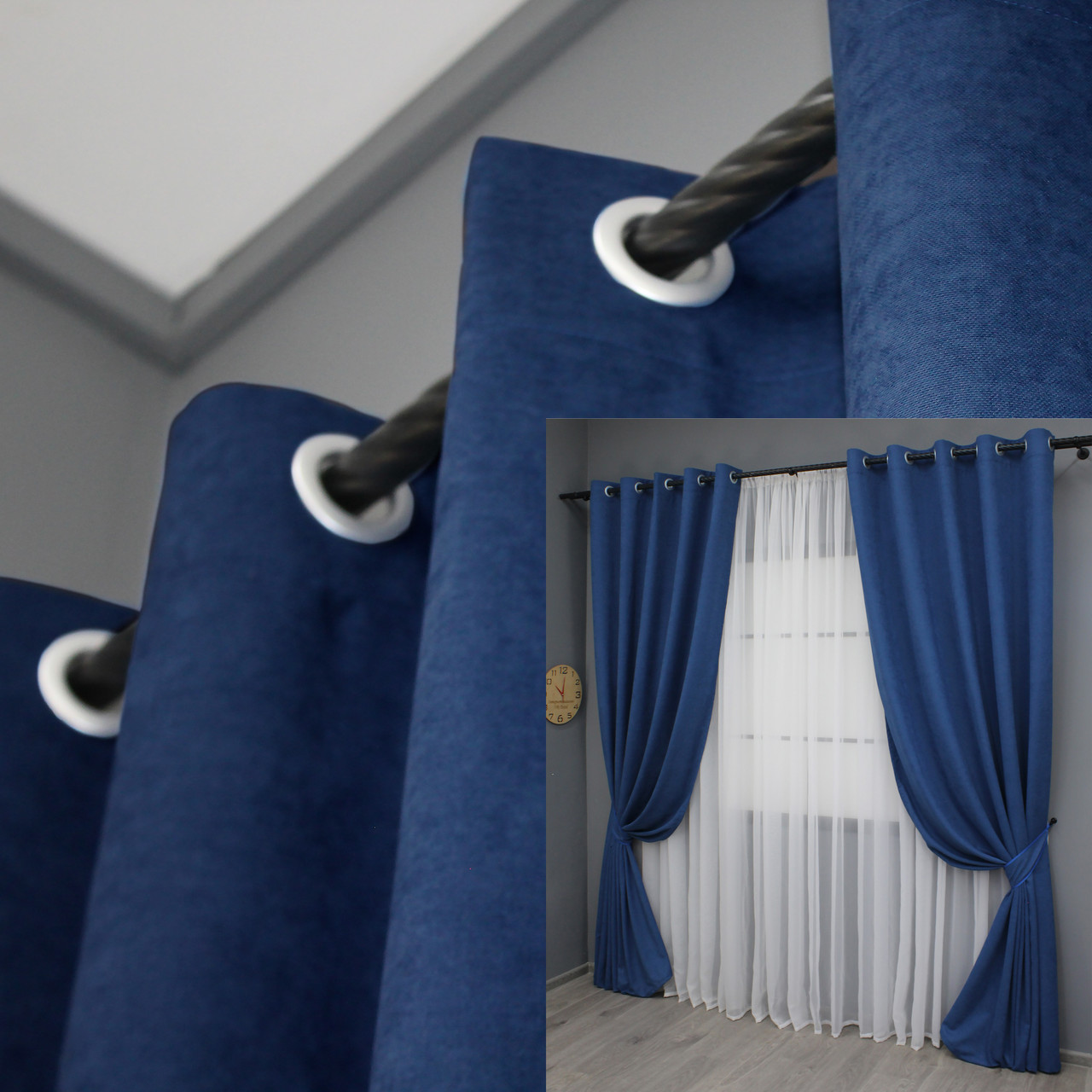 Комплект (2шт. 1,5х2,7м.) штор на люверсах із тканини мікровелюр SPARTA. Колір синій. Код 910ш 37-0145, фото 1