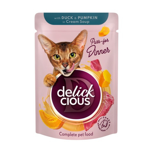 Вологий корм для котів Delickcious Смужки з гарбузом і качкою в крем-супі, 85г
