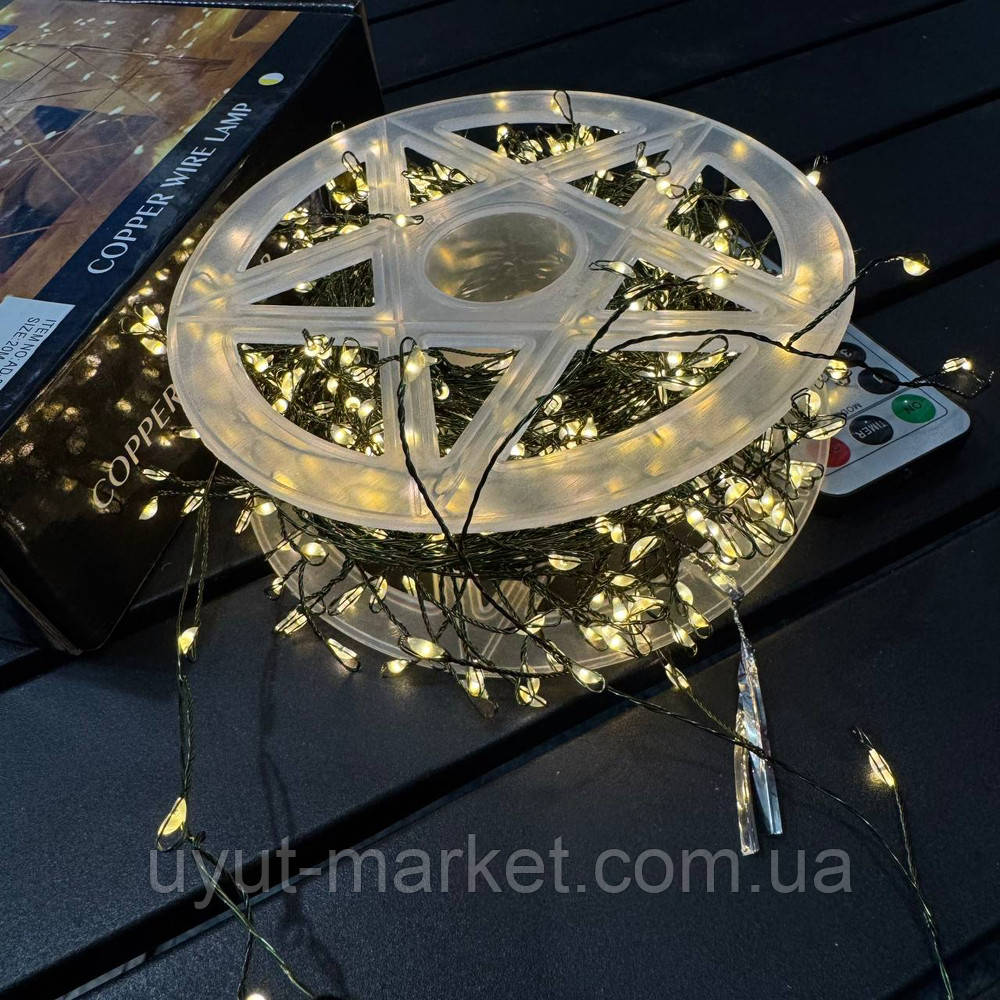 Новорічна USB гірлянда нитка кластер нитка 20м 600LED на катушці тепле світло зелена проволка, фото 1