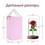 Вічна троянда у скляній колбі з LED підсвічуванням, на батарейках, червона/коричневе дно, фото 5