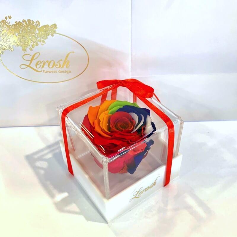 Яскравий веселковий стабілізований бутон троянди в подарунковій коробці Lerosh — Classic, фото 1