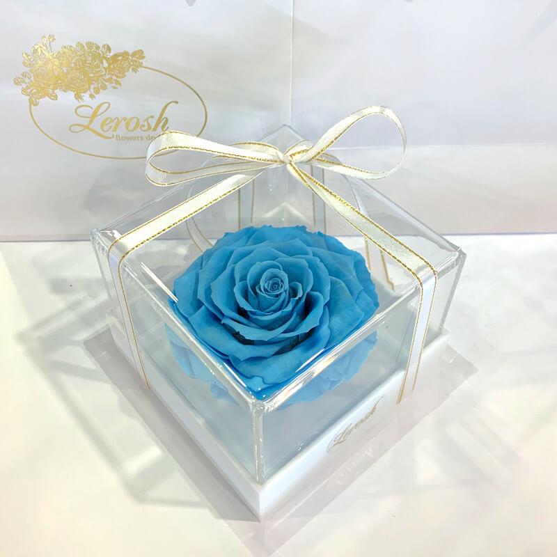 Блакитний стабілізований бутон троянди в подарунковій коробці Lerosh — Premium, фото 1