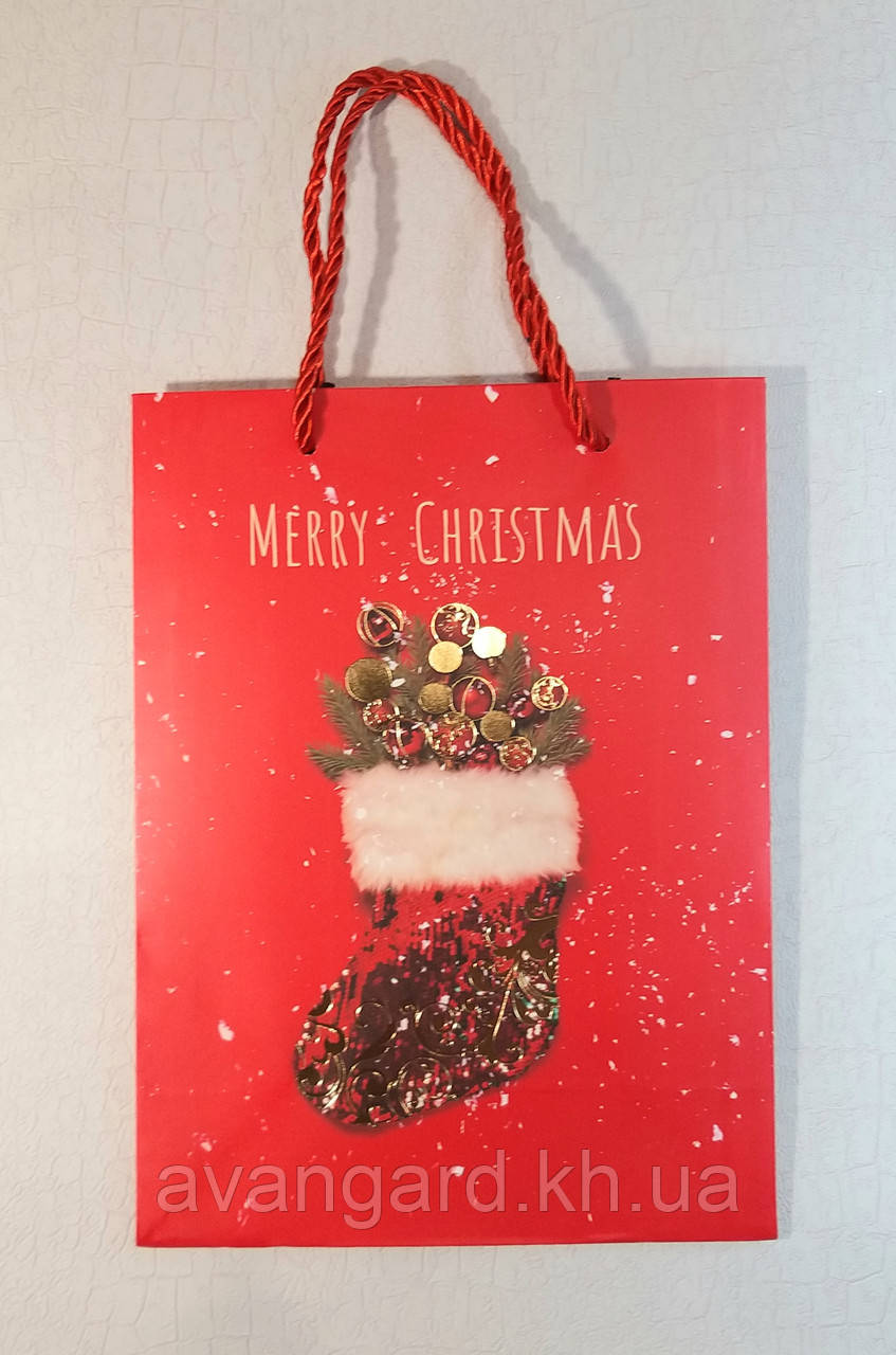 Новорічний пакет 24 см х 18 см х 8.5 см Merry Christmas червоний